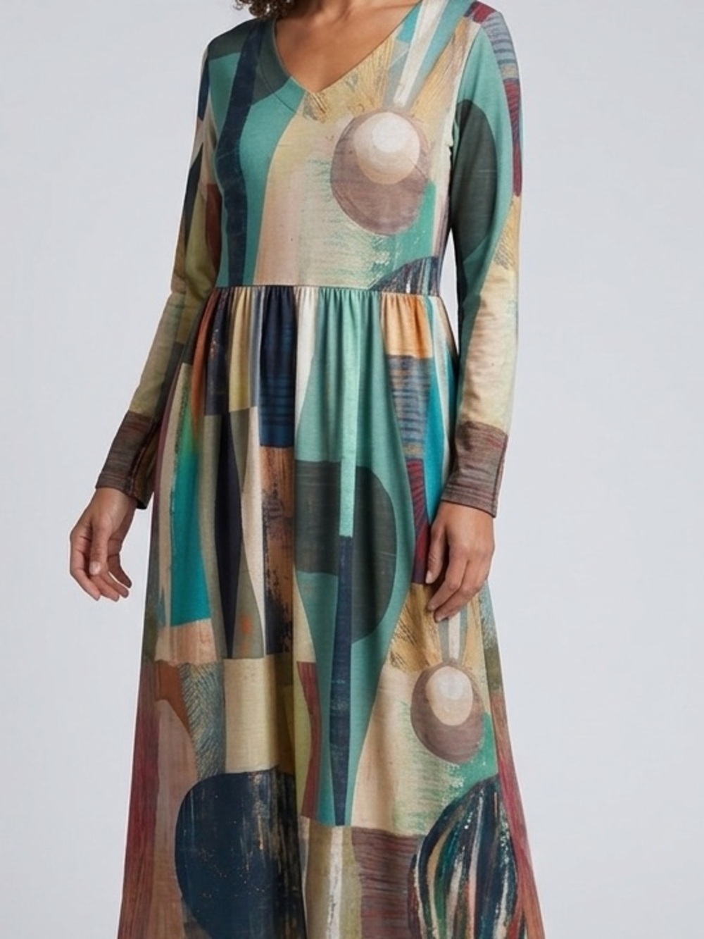 Abstract Geometric Art Print V-Neck Long Sleeve Maxi Dress Size L NWOT
